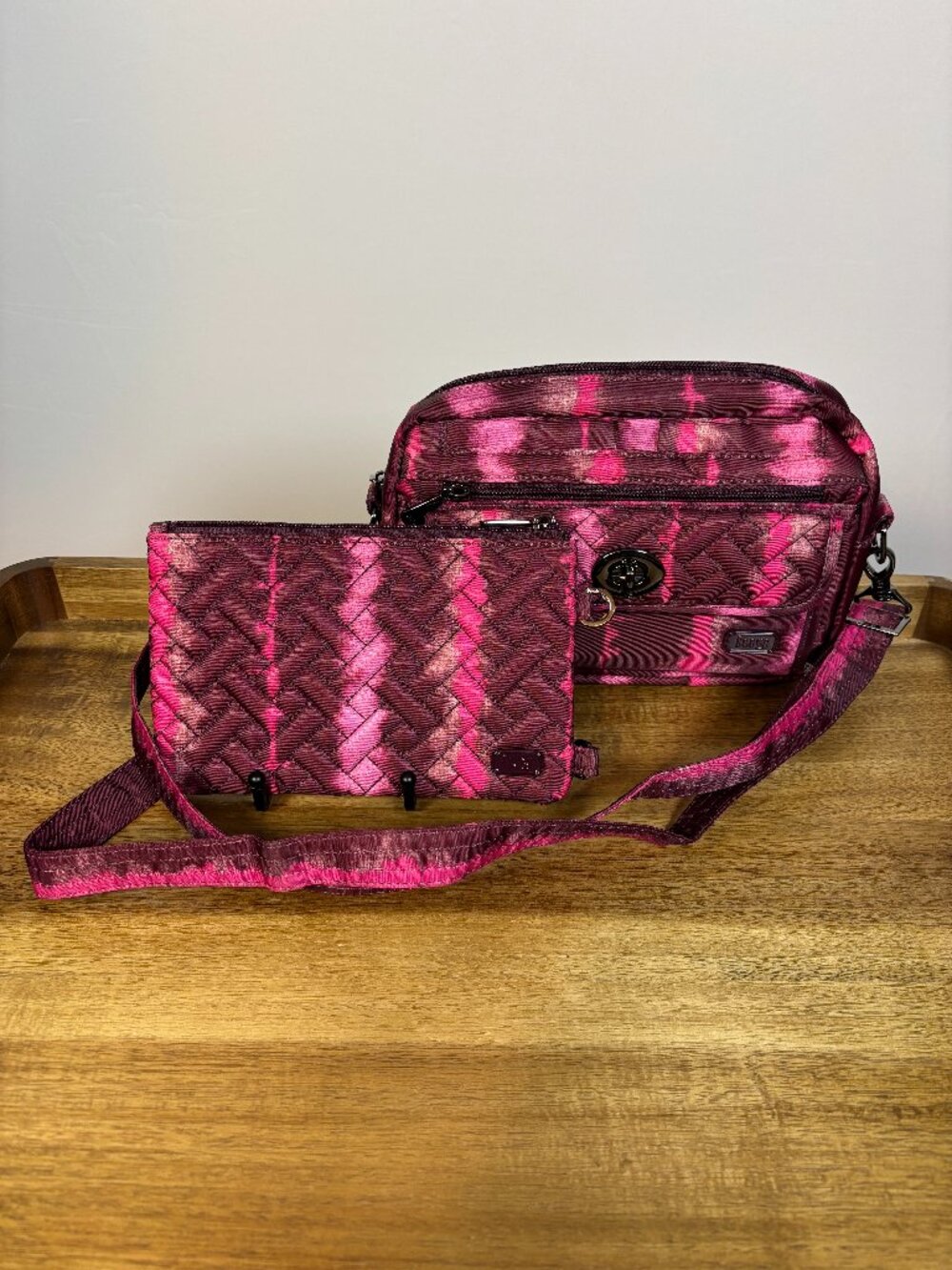 Lug Switch Shibori Burgundy Pink Wine Convertible Crossbody Peek a Boo Pouch Set